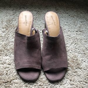 brown suede heeled open toed sandals